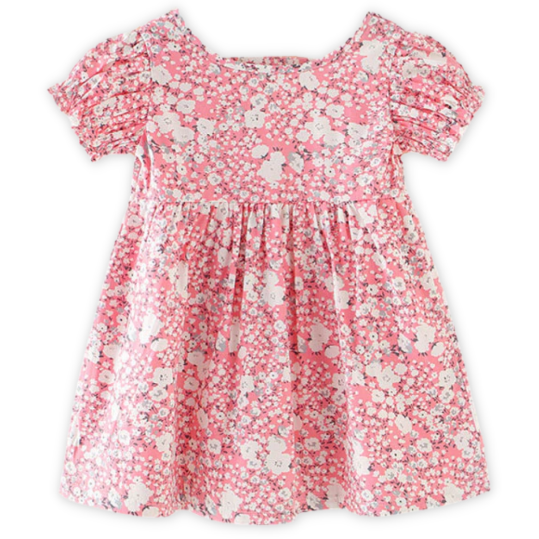 Hanging floral print puff sleeve sundress for baby girls, showcasing the full design.