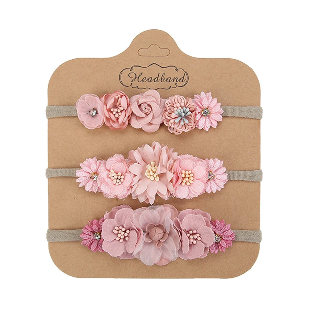 Baby accessories: set of three flower headbands with rhinestones for girls, stretchy nylon, newborn to toddler.