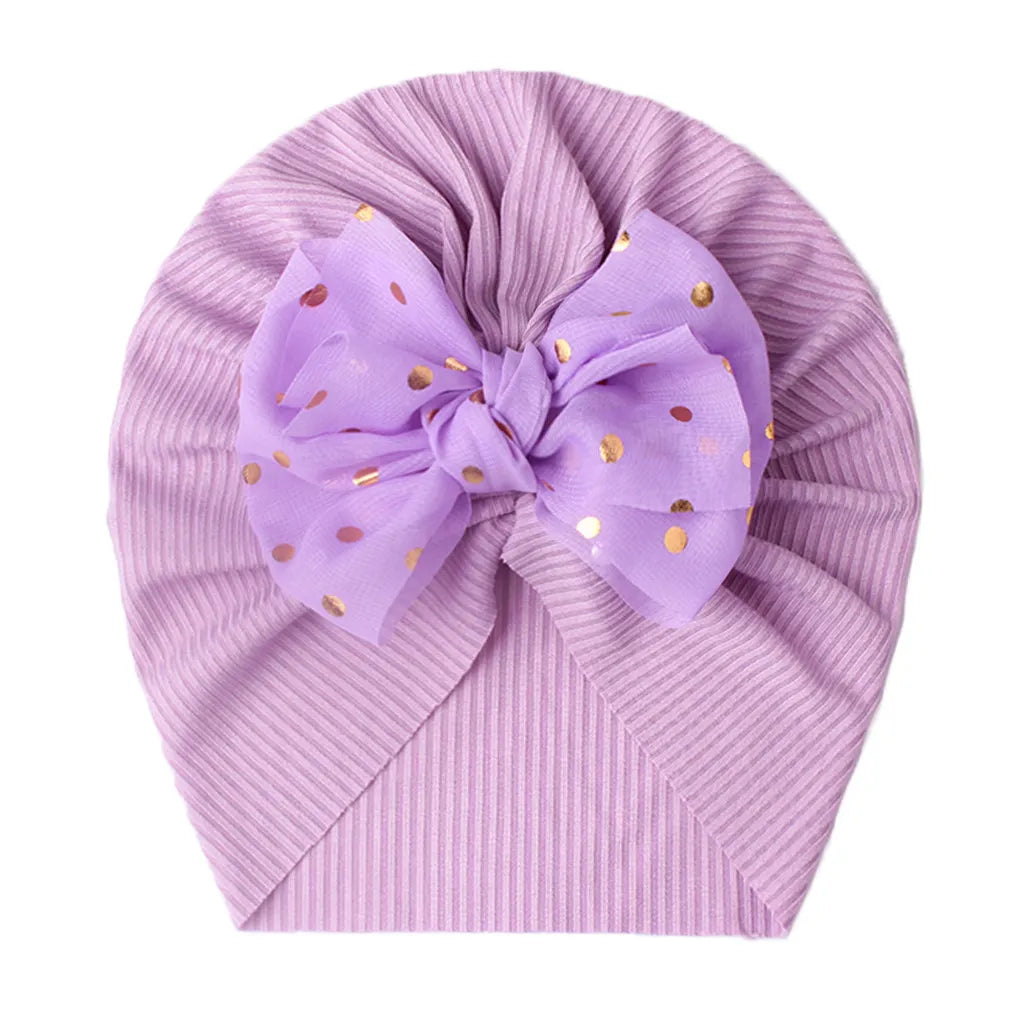 Baby girl's accessory: light blue shiny bowknot turban hat, solid color.