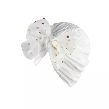 Cute baby gift: white shiny bowknot turban hat for baby girls.