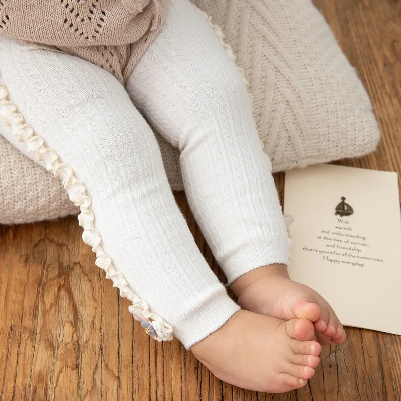Detail shot of ribbed knit texture on comfortable baby cotton tights, a cozy wardrobe staple.