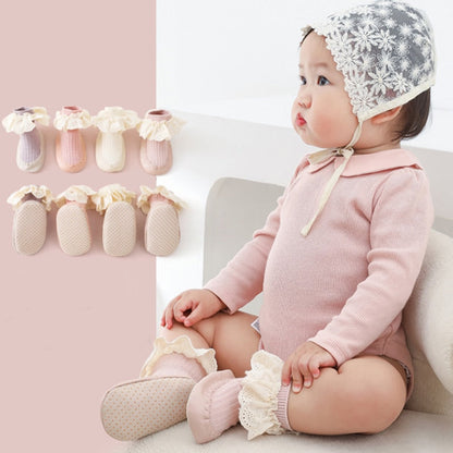 Baby girl white lace cotton anti-slip walker shoes with soft sole, ideal for infants.