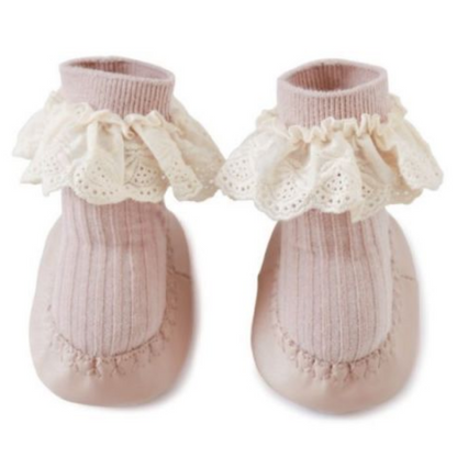 Pink lace cotton baby socks with anti-slip grips, perfect for new walker girls.