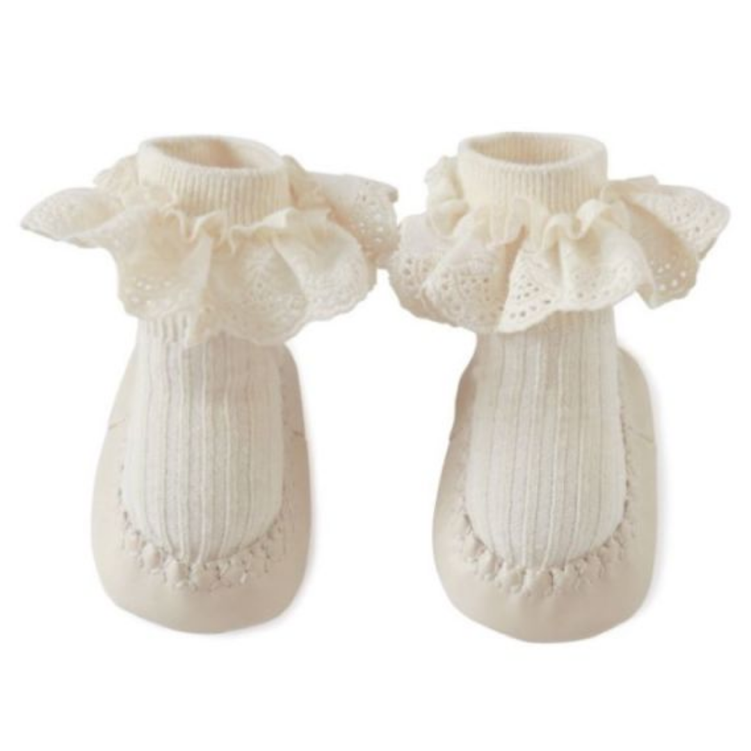 Infant girl's anti-slip cotton socks with delicate lace trim for baby walker shoes.
