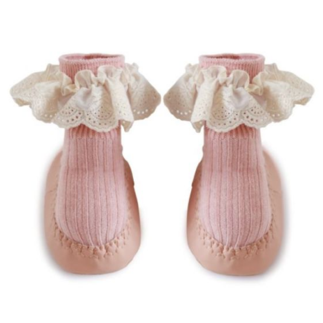 Close-up of baby girl anti-slip cotton socks with intricate lace and soft sole design.