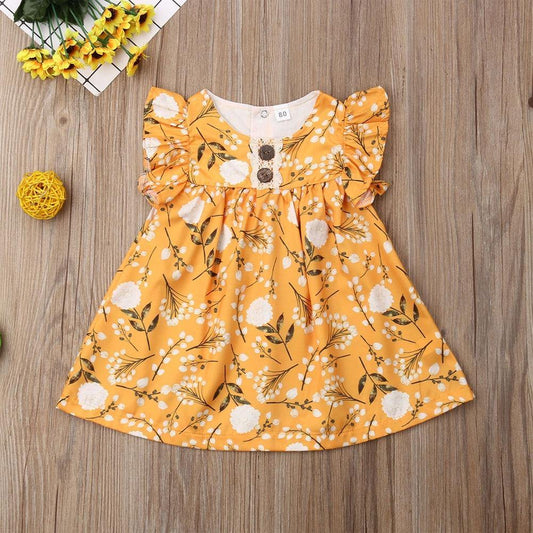Baby girl yellow floral frill sleeveless frock, ideal for summer, made from soft cotton fabric.