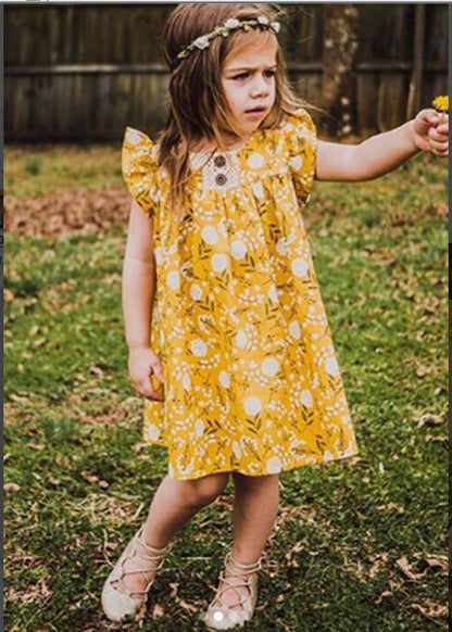 Stylish baby girl yellow floral sleeveless dress with charming frill accents, suitable for any occasion.