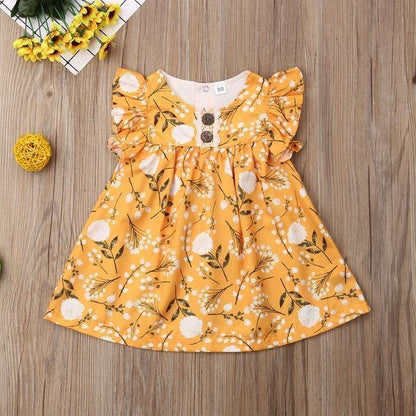 Baby girl's yellow floral frill sleeveless frock, a sweet and airy summer dress for little ones.