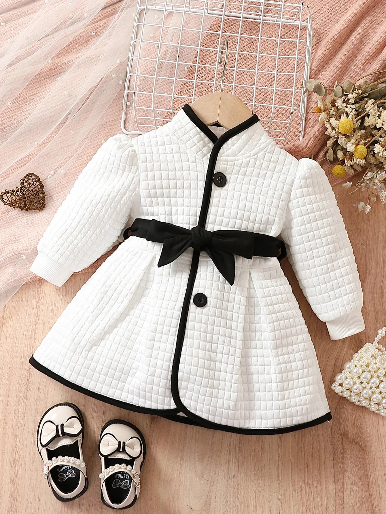 Baby girls' black and white thermal belted dress and top set, puff sleeves, cozy winter outfit