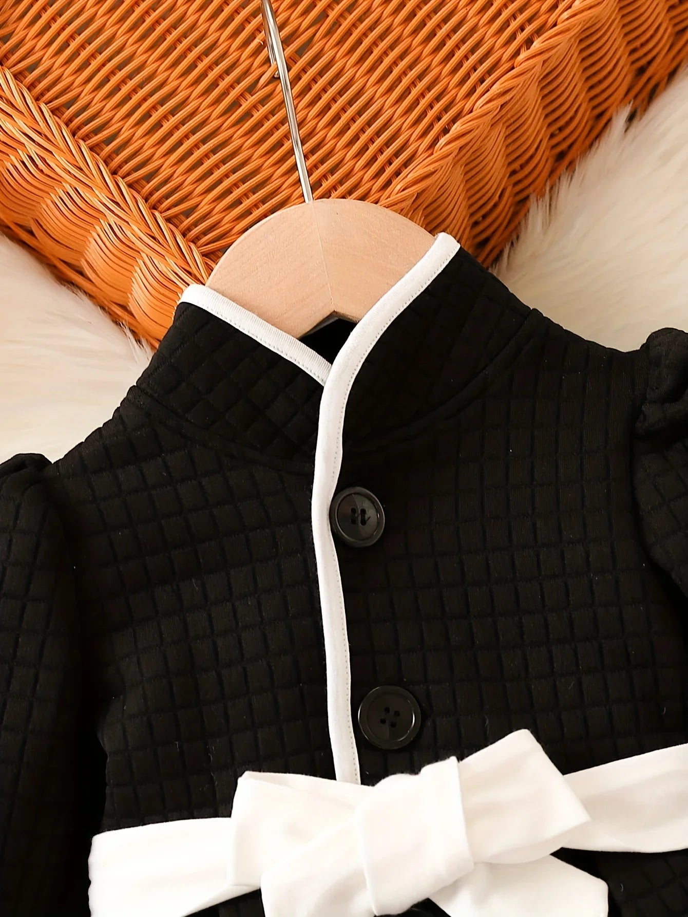 Infant fashion: black and white thermal belted dress and top set, puff sleeves, comfortable and chic