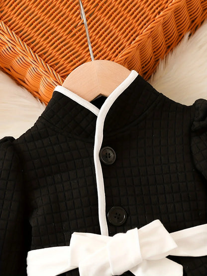 Infant fashion: black and white thermal belted dress and top set, puff sleeves, comfortable and chic