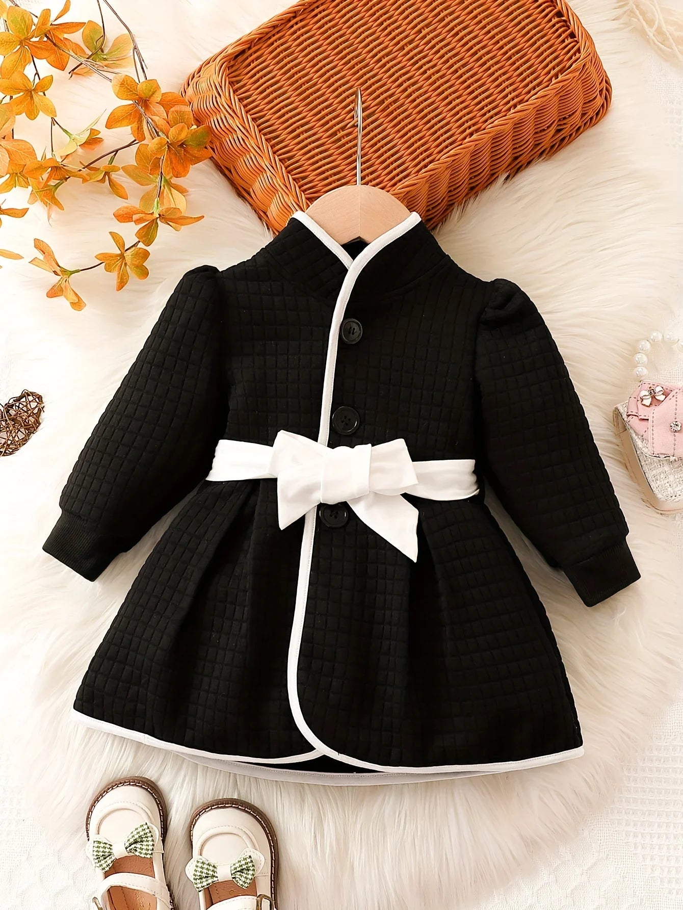 Thermal fabric detail of baby girls' belted dress and top set, soft and warm for winter wear
