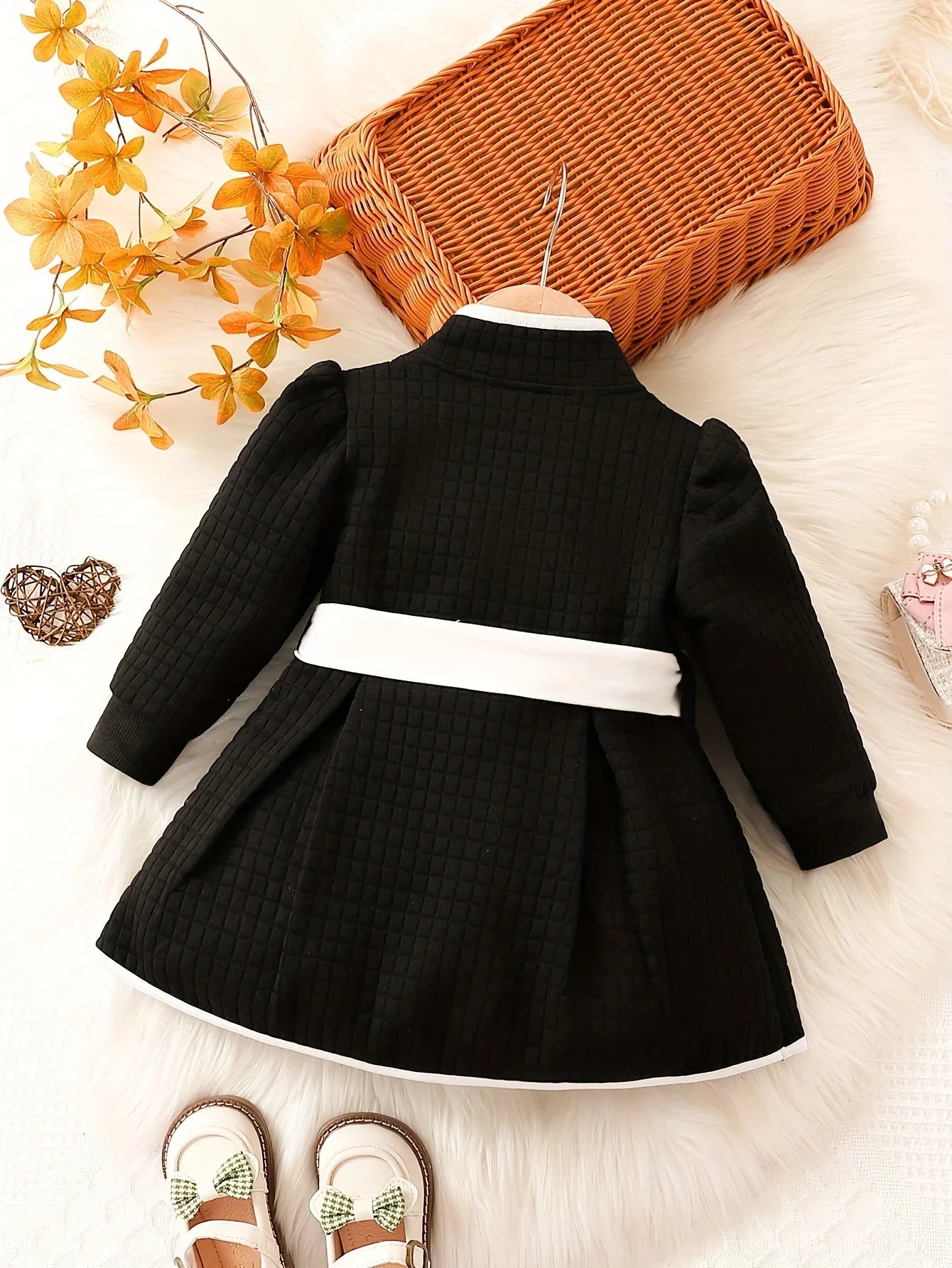 Girls' winter dress set: thermal belted dress and long-sleeve top, black and white, cozy baby clothes