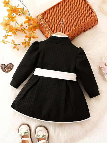 Girls' winter dress set: thermal belted dress and long-sleeve top, black and white, cozy baby clothes