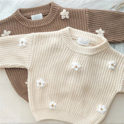 Baby Girls' & Boys' Cozy Winter Flower Knit Pullover Sweater, cream with pink flowers