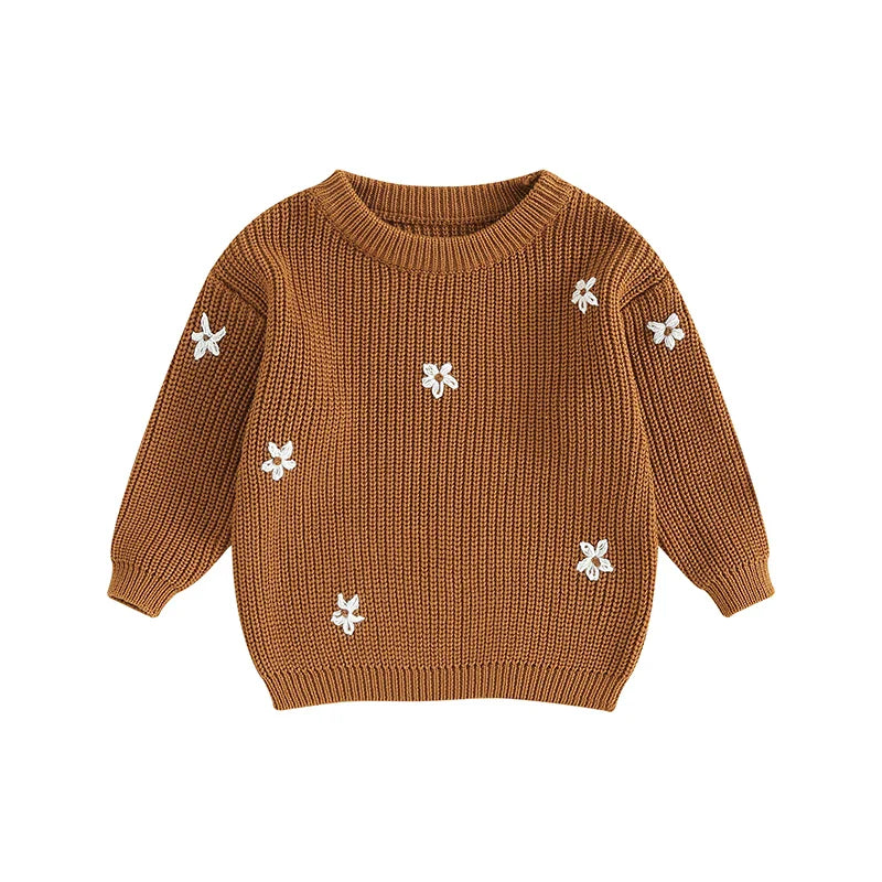 Girls' & Boys' cozy floral knit sweater, long sleeve baby pullover, cold weather