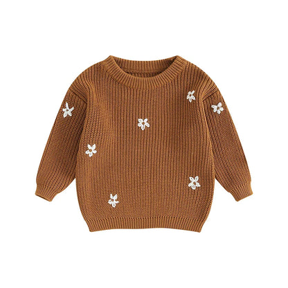Girls' & Boys' cozy floral knit sweater, long sleeve baby pullover, cold weather