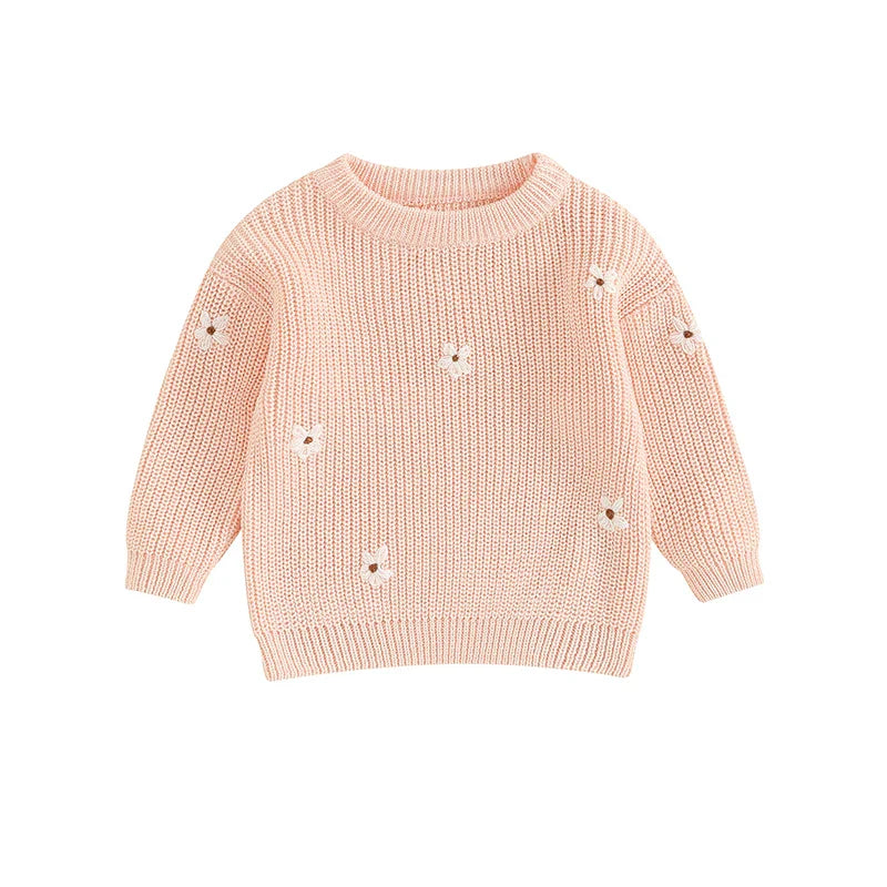 Toddler floral design knit sweater, comfortable unisex pullover, long sleeve