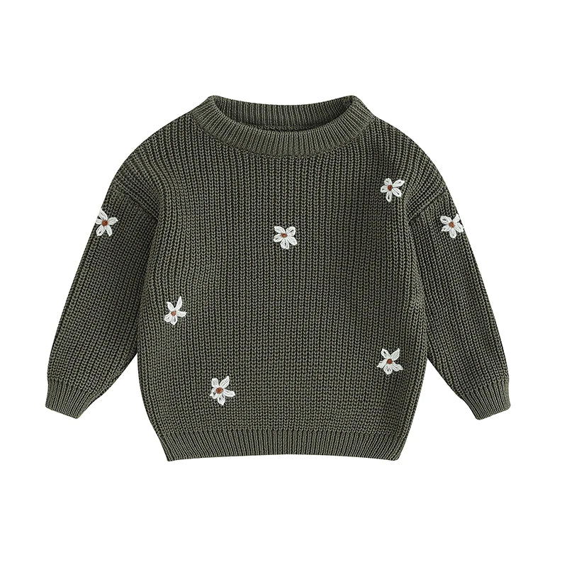 Baby long sleeve knit pullover sweater with flower pattern, cozy and stylish