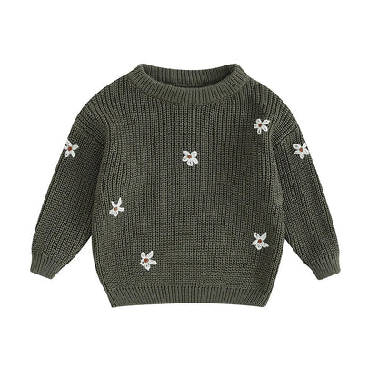 Baby long sleeve knit pullover sweater with flower pattern, cozy and stylish