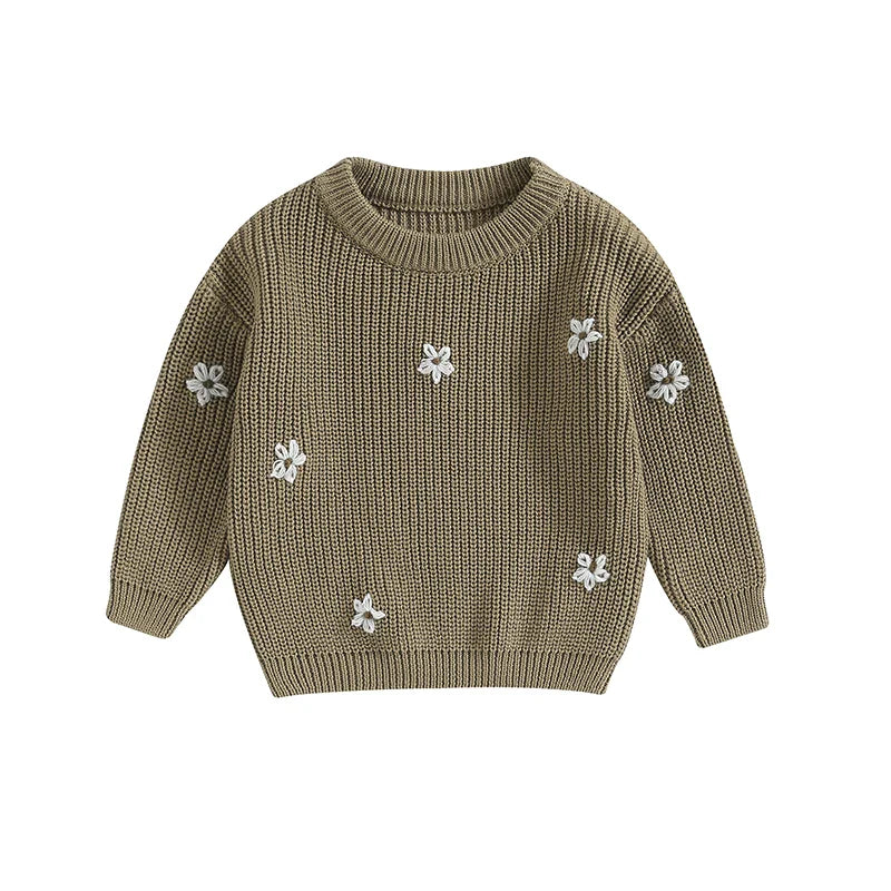 Baby girls' & boys' winter knit pullover, flower motif, warm and snug fit