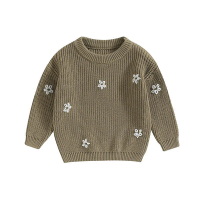 Baby girls' & boys' winter knit pullover, flower motif, warm and snug fit