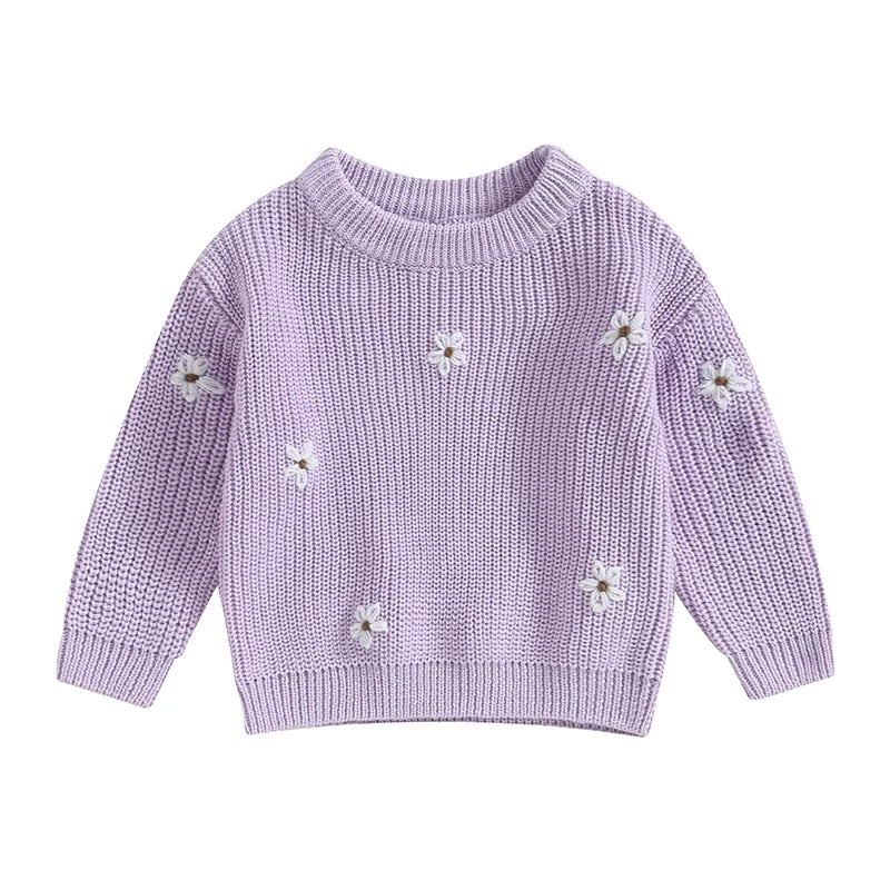 Cozy baby flower print pullover sweater, ideal for winter and autumn fashion
