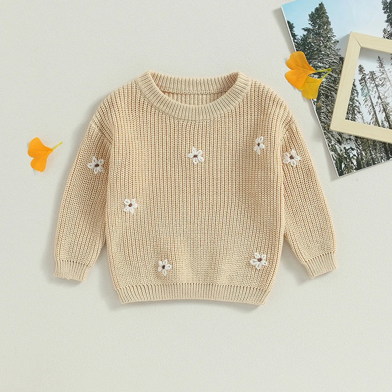 Unisex baby winter knit flower print pullover sweater, warm acrylic, long sleeve
