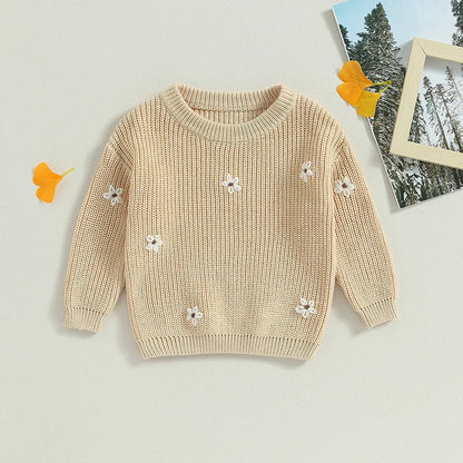 Unisex baby winter knit flower print pullover sweater, warm acrylic, long sleeve