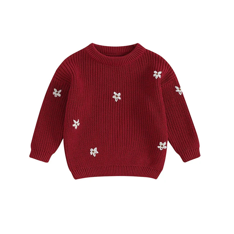 Toddler baby unisex winter knit floral sweater, warm and cozy pullover