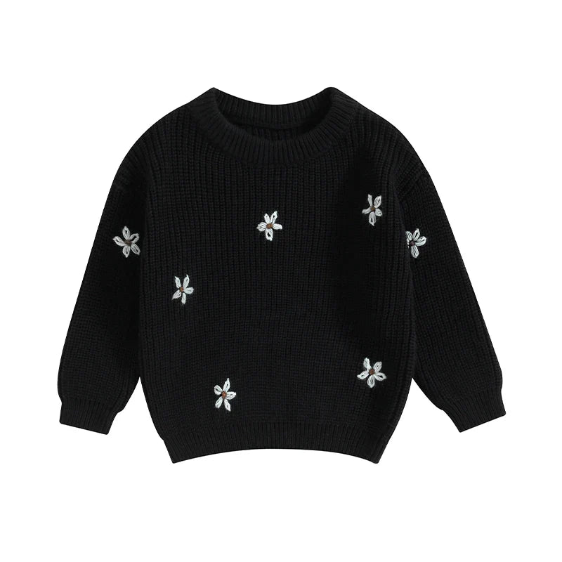 Baby long sleeve knit sweater with delicate flower print, cozy winter apparel