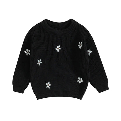 Baby long sleeve knit sweater with delicate flower print, cozy winter apparel