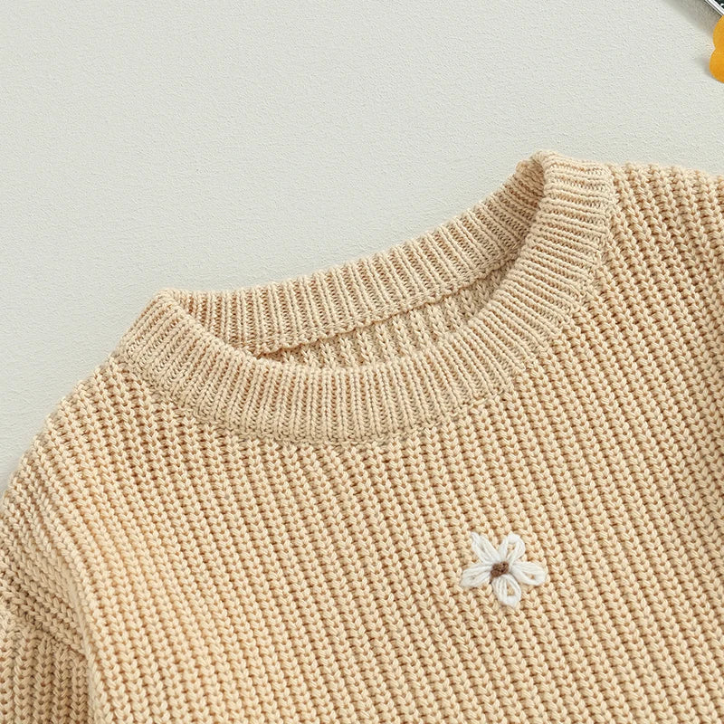 Newborn baby warm flower print sweater, ivory acrylic long sleeve, comfy pullover