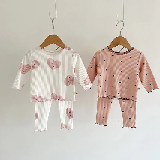 Baby girls' dot print cotton sleeper set, soft pink 2-piece infant indoor wear outfit