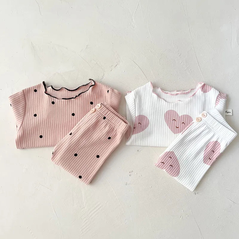 Soft grey dot print cotton sleeper set for baby girls, comfortable and breathable fabric