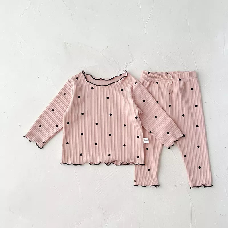 Infant girl's cozy striped dot print cotton sleeper set, comfortable for home and sleep