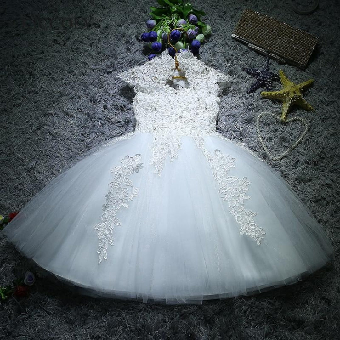 Baby girls' elegant white lace sequin ball gown, perfect for baptism or special occasion party