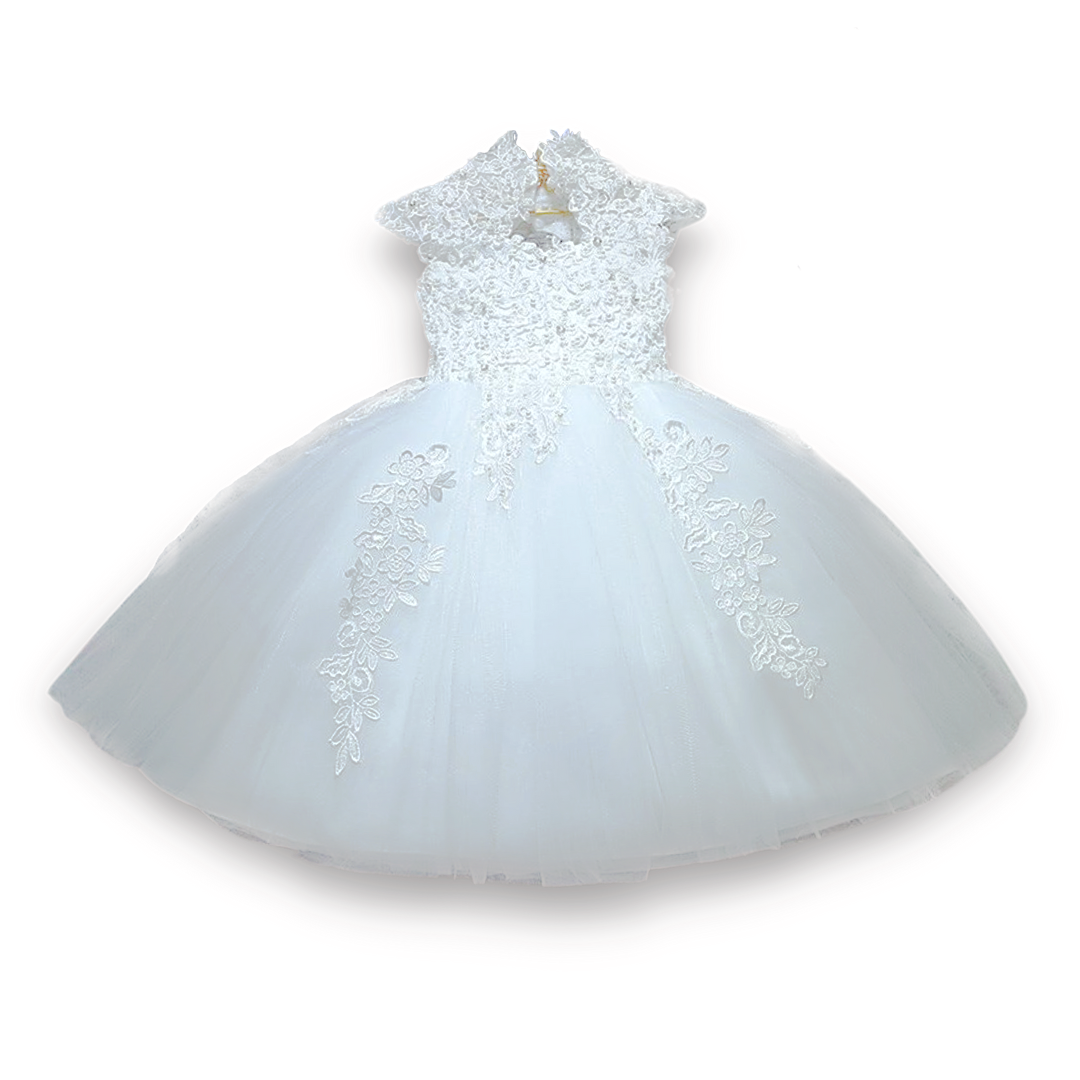Toddler girl in a beautiful lace and sequin embellished ball gown dress for weddings