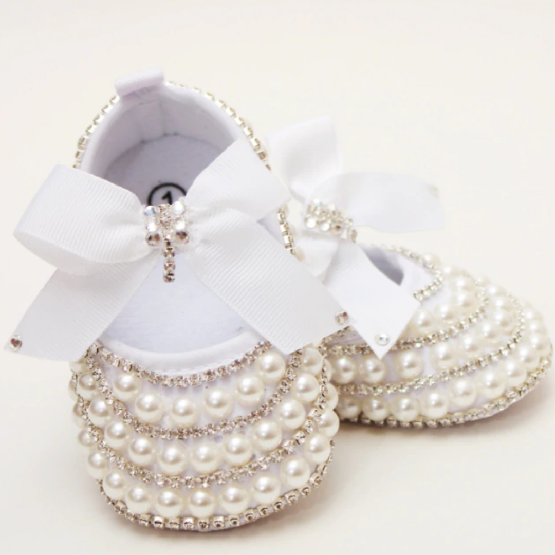 Baby girls handmade soft sole infant shoes with pearls & diamonds, perfect newborn gift