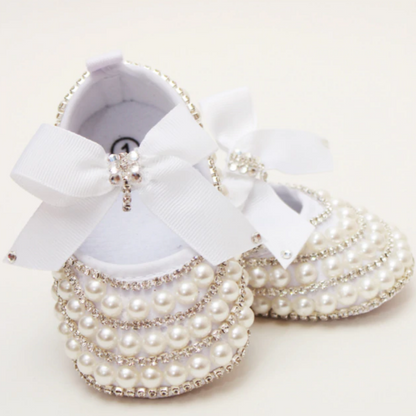 Baby girls handmade soft sole infant shoes with pearls & diamonds, perfect newborn gift