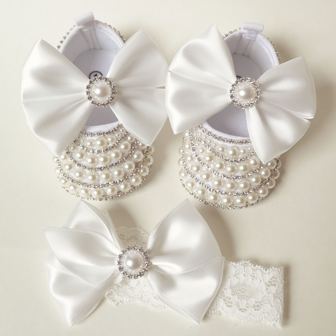 Soft sole cotton baby girl shoes, handcrafted with pearl & rhinestone accents for infants