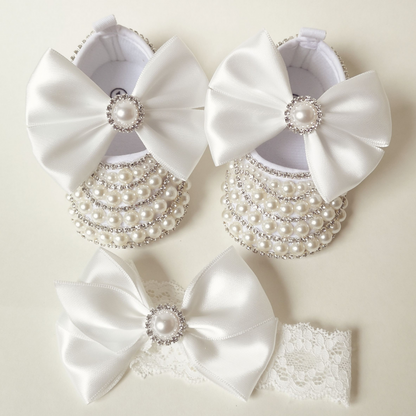 Soft sole cotton baby girl shoes, handcrafted with pearl & rhinestone accents for infants