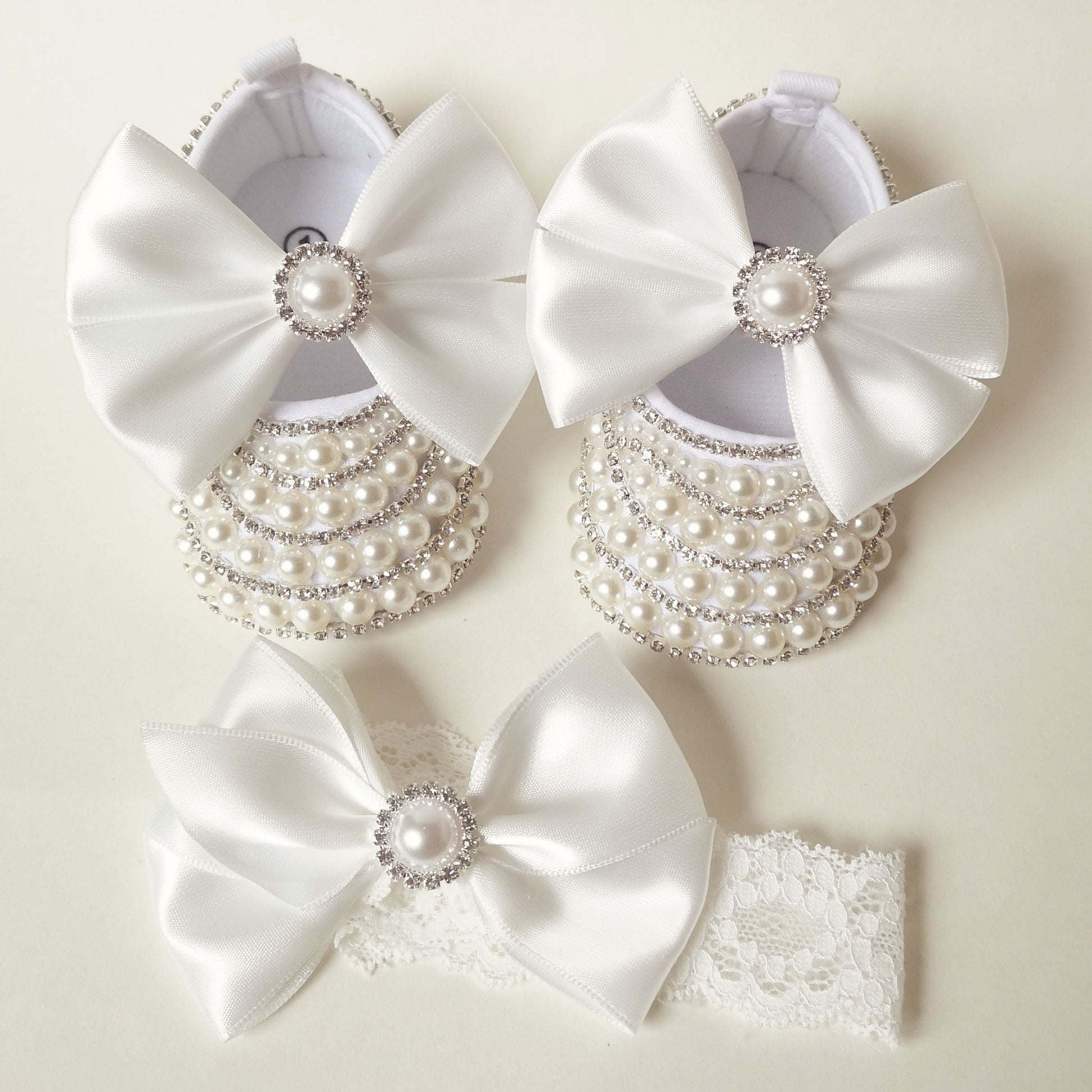 Newborn girl's elegant handmade pearl & diamond soft sole shoes for special occasions