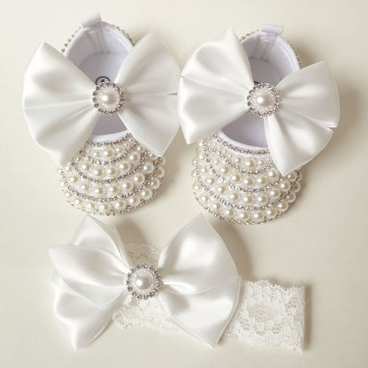 Newborn girl's elegant handmade pearl & diamond soft sole shoes for special occasions