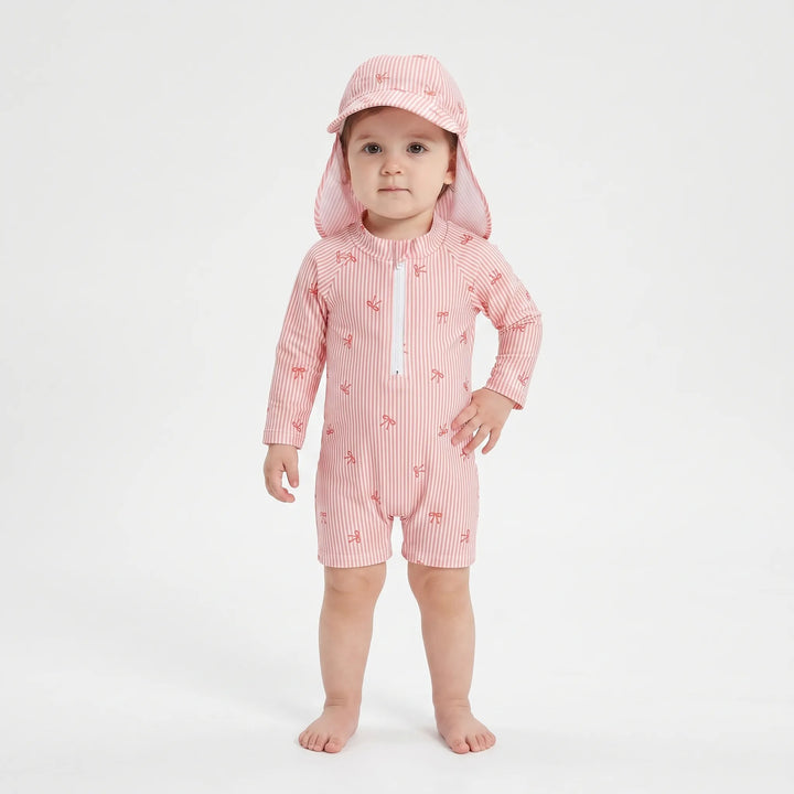 Striped baby girls' long sleeve rash guard and sun hat set with cute bow details, perfect infant swimwear.