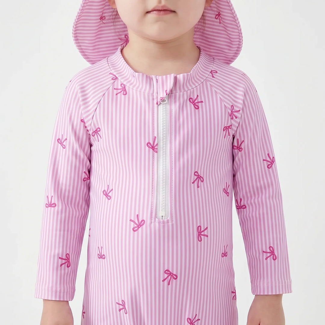 Baby girl's striped long sleeve rash guard swimwear set with sun hat for superior sun protection.