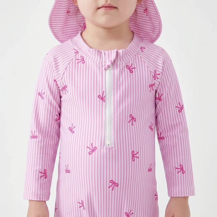 Baby girl's striped long sleeve rash guard swimwear set with sun hat for superior sun protection.