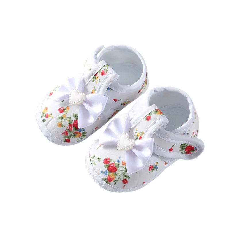 First walker non-slip baby girl princess shoes, soft sole, with ribbon bow detail and hook loop system