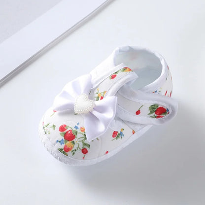 Pink baby girl non-slip first walker shoes, soft sole, princess style, with hook and loop and bow tie