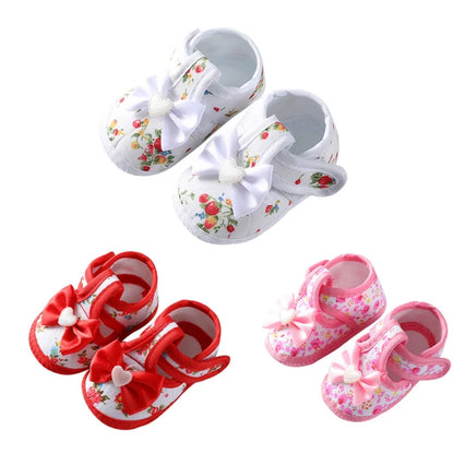 Soft sole baby girl first walker shoes, non-slip, with elegant bow tie, perfect for little princesses